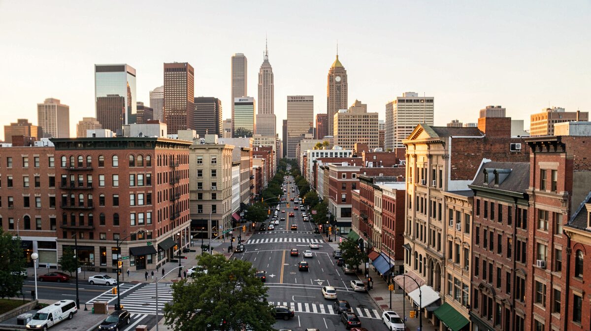 Die Skyline von Philadelphia am späten Nachmittag, warmes Licht auf den historischen Gebäuden, Aufnahme von einer erhöhten Position mit der Straße im Vordergrund.
