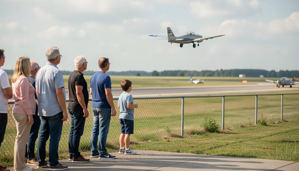 Interessierte jeden Alters verfolgen am Zaun den Start eines Modellflugzeugs.